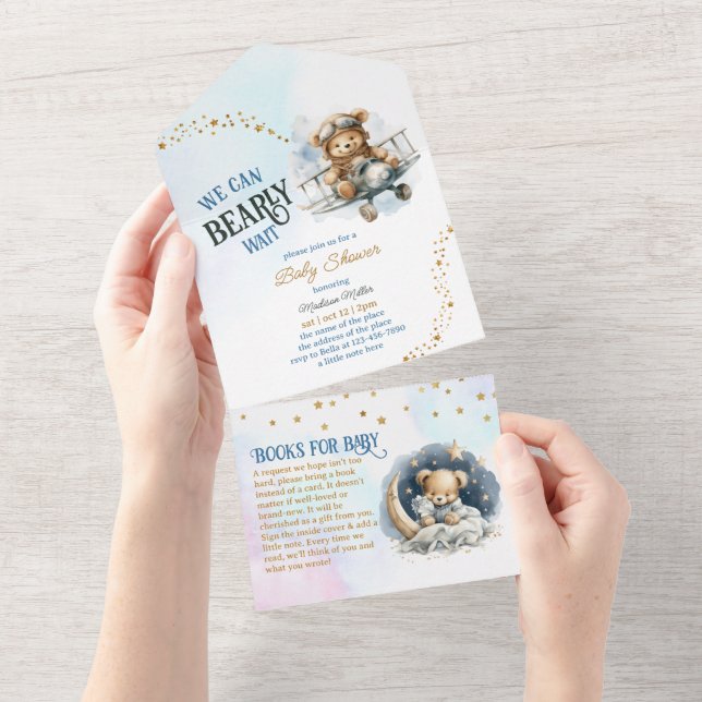 Teddy Bear Aeroplane Flying Boy Baby Shower All In One Invitation (Tearaway)
