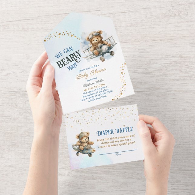 Teddy Bear Aeroplane Flying Boy Baby Shower All In One Invitation (Tearaway)