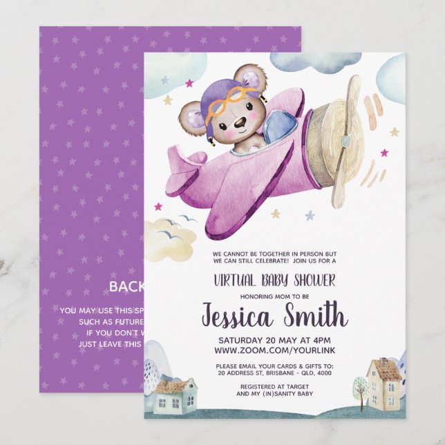 Teddy Bear Aeroplane | Virtual Baby Shower Invitation (Front/Back)