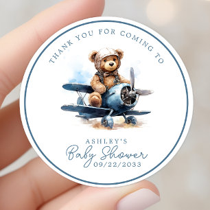 Teddy Bear Aeroplane Watercolor Baby Thank You Classic Round Sticker