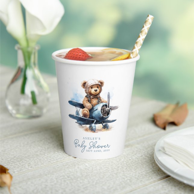 Teddy Bear Aeroplane Watercolor Boy Baby Shower Paper Cups (Insitu)