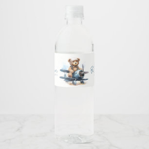 Teddy Bear Aeroplane Watercolor Boy Baby Shower Water Bottle Label