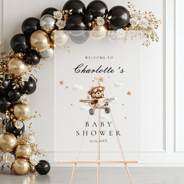 Teddy Bear & Aeroplane Welcome Baby Shower Acrylic Sign (Teddy Bear & Airplane Welcome Baby Shower Acrylic Sign)