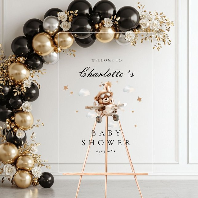 Teddy Bear & Aeroplane Welcome Baby Shower Acrylic Sign (Teddy Bear & Airplane Welcome Baby Shower Acrylic Sign)