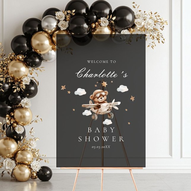 Teddy Bear & Aeroplane Welcome Bridal Shower Acrylic Sign (Teddy Bear & Airplane Welcome Baby Shower Acrylic Sign)