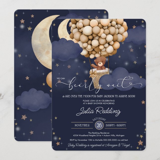 Teddy Bear Air Ballon Twinkle Star Baby Shower Invitation (Front/Back)