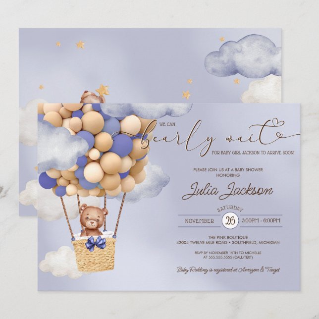 Teddy Bear Air Balloon Blue Cloud Boy Baby Shower Invitation (Front/Back)