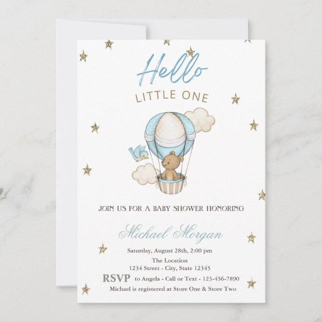 Teddy Bear Air Balloon Glitter Stars Baby Shower Invitation (Front)