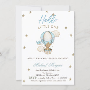 Teddy Bear Air Balloon Glitter Stars Baby Shower Invitation