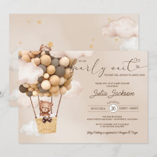 Teddy Bear Air Balloon Neautral Cloud Baby Shower Invitation