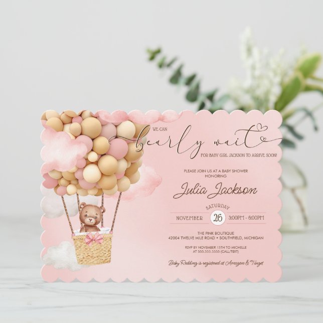Teddy Bear Air Balloon Pink Cloud Girl Baby Shower Invitation (Standing Front)