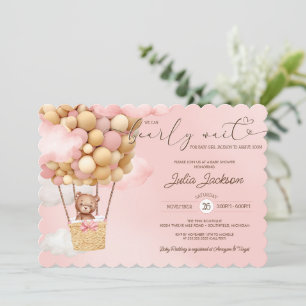 Teddy Bear Air Balloon Pink Cloud Girl Baby Shower Invitation
