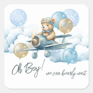 Teddy Bear Air Plane Baby Shower Square Sticker
