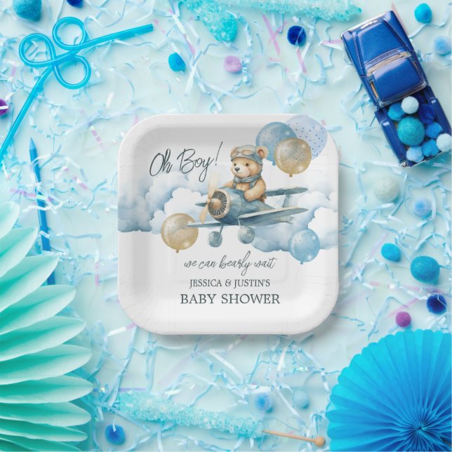 Teddy Bear AirPlane Blue Paper Plate (Party)