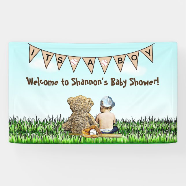Teddy Bear and Baby Baseball Boy's Baby Shower   Banner (Horizontal)