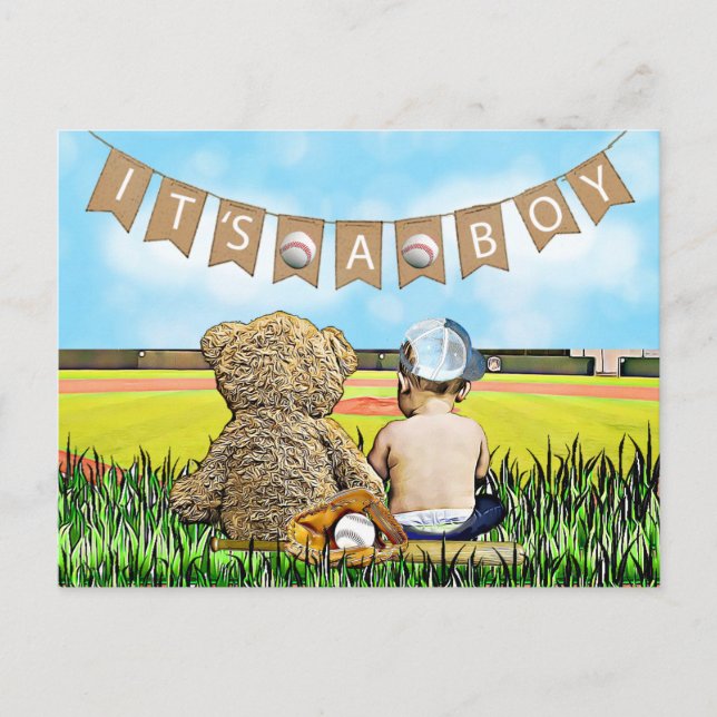 Teddy Bear and Baby Baseball Boy's Baby Shower Postcard (Front)