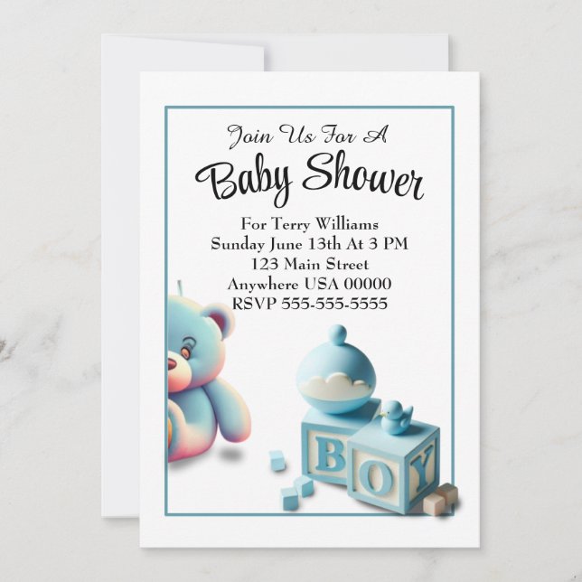 Teddy Bear and Baby Blocks Boy Baby Shower Invitation (Front)