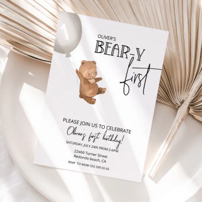Teddy bear and balloon Bear-y first 1st birthday Invitation | Zazzle