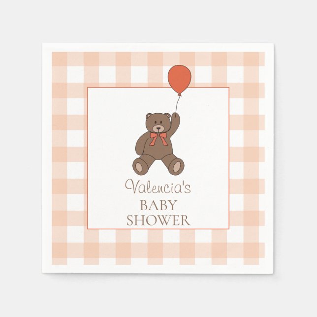 Teddy Bear and Balloon Orange White Baby Shower Napkin (Front)