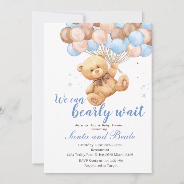 Teddy Bear and Balloons Baby shower invitation (Front)