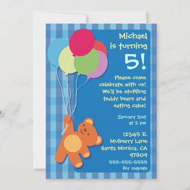 Teddy Bear and Balloons Birthday Party Invitation (Front)