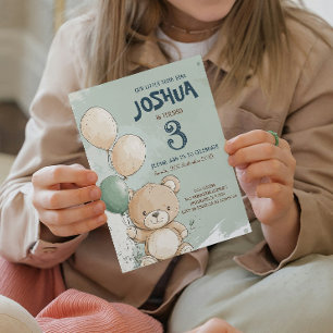 Teddy Bear and Balloons Green Kids Birthday Party Invitation