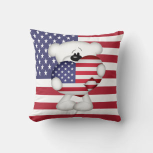 Teddy Bear and Big USA Flag Heart Cushion