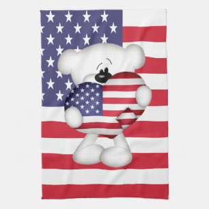 Teddy Bear and Big USA Flag Heart Tea Towel