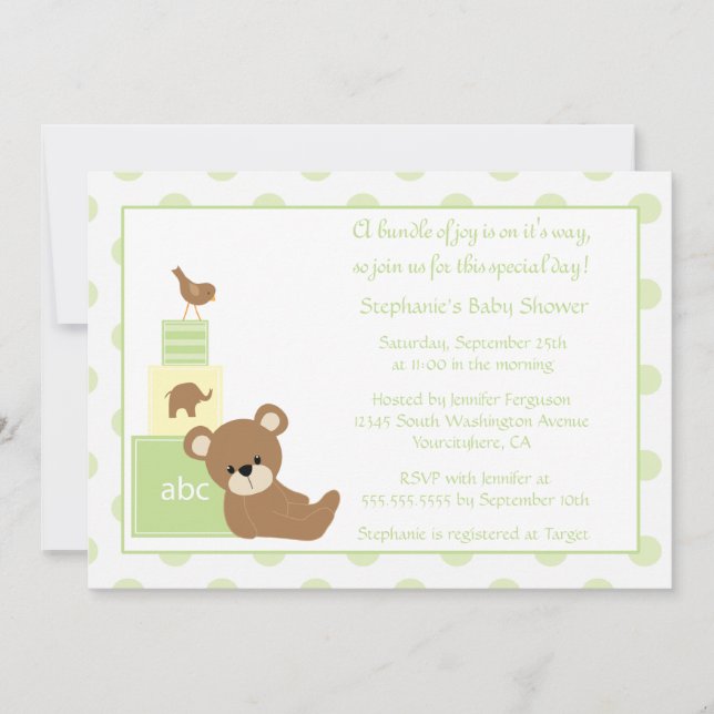 Teddy bear and bird neutral baby shower invitation (Front)