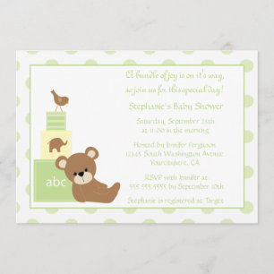 Teddy bear and bird neutral baby shower invitation