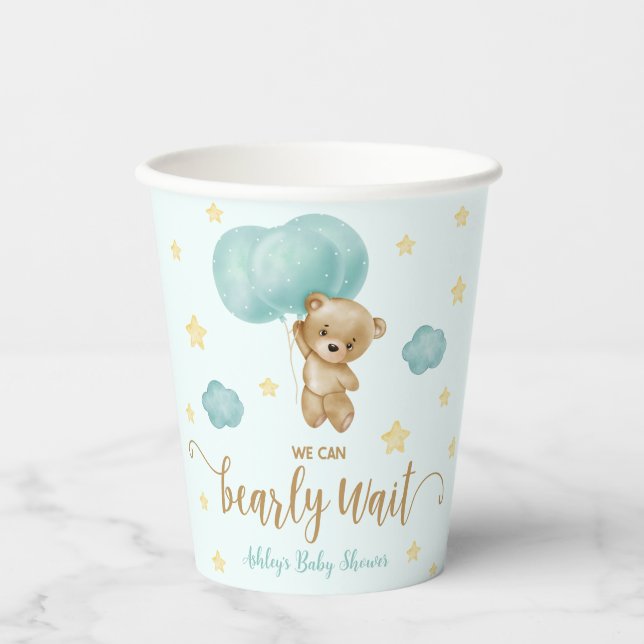 Teddy Bear and Blue Balloons Baby Shower Paper Cups (Front)