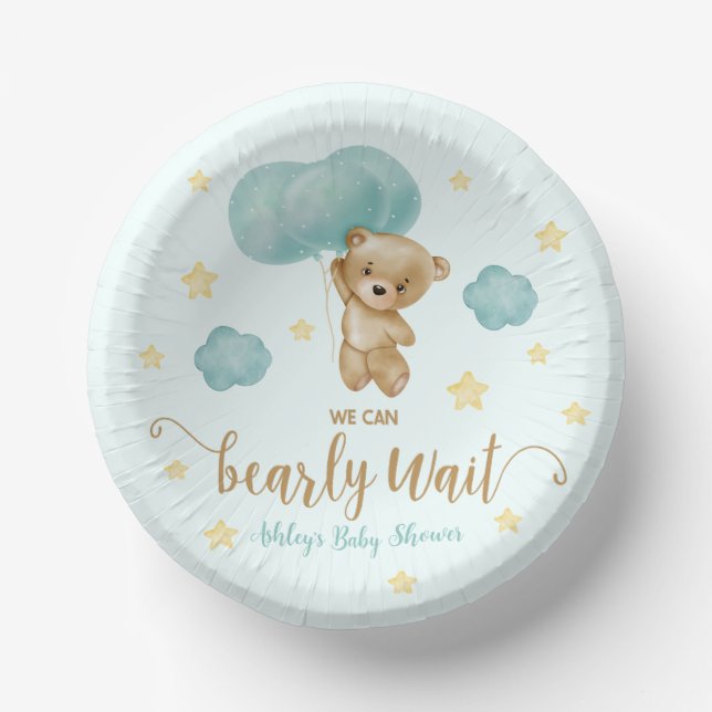 Teddy Bear and Blue Balloons Baby Shower Paper Plate (Front)