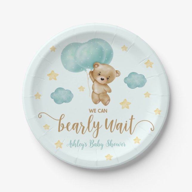 Teddy Bear and Blue Balloons Baby Shower Paper Plate (Front)