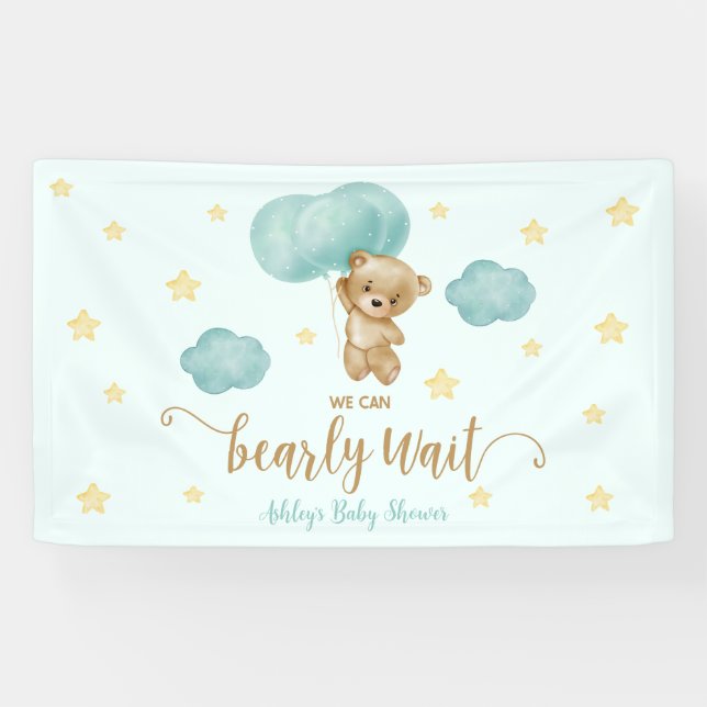 Teddy Bear and Blue Balloons Baby Shower Party Banner (Horizontal)