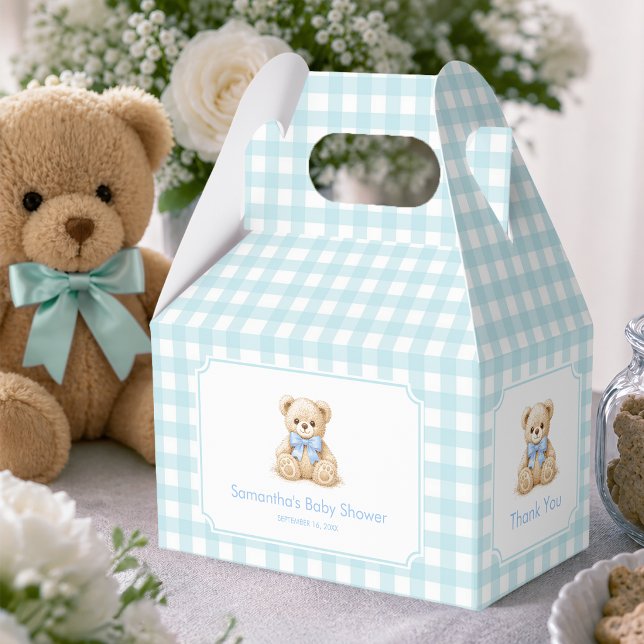 Teddy Bear and Blue Gingham Plaid Boy Baby Shower Favour Box (Creator Uploaded)