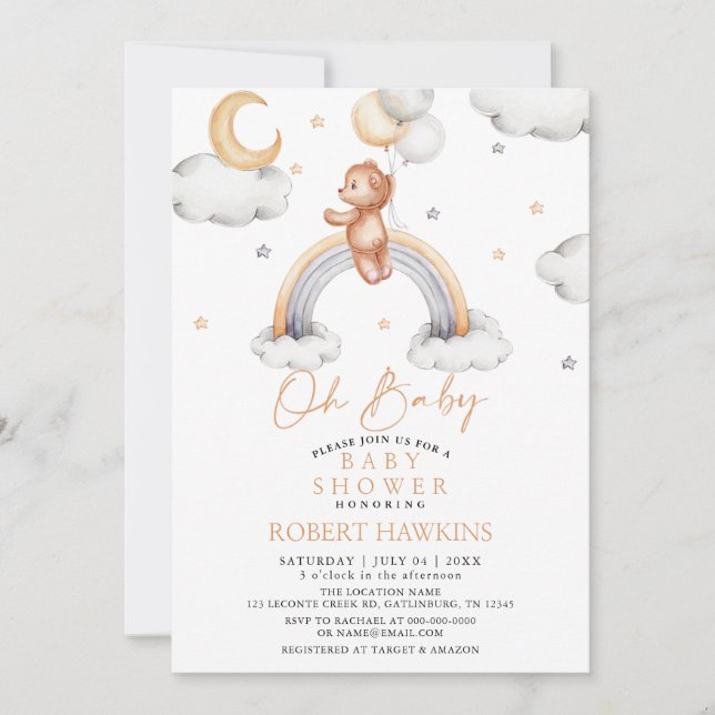 Teddy bear and Boho Rainbow Baby Shower Invitation (Front)