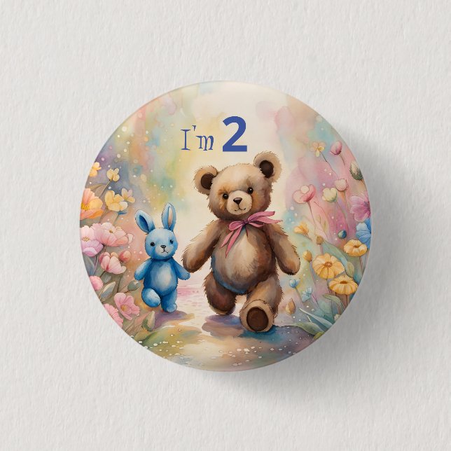 Teddy bear and Bunny In a Pastel Garden 3 Cm Round Badge (Front)