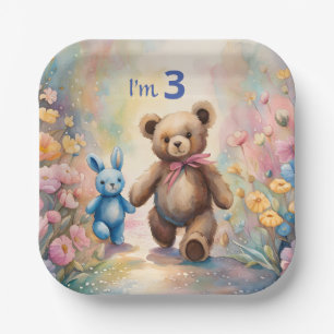 Teddy bear and Bunny In a Pastel Garden Paper Plate