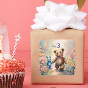 Teddy bear and Bunny In a Pastel Garden Square Sticker