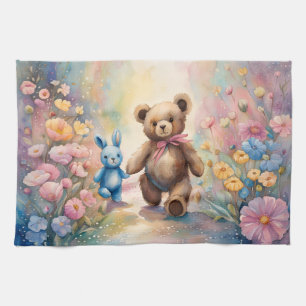 Teddy bear and Bunny In a Pastel Garden Tea Towel
