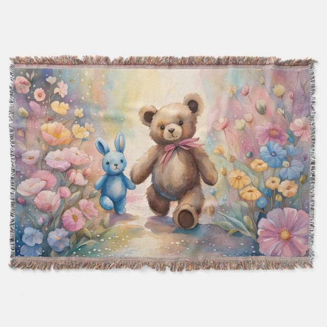 Teddy bear and Bunny In a Pastel Garden Throw Blanket (Front)
