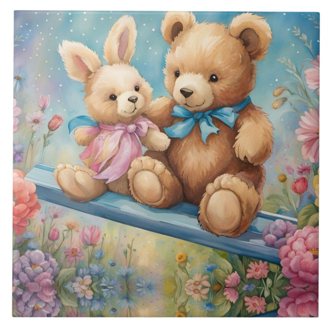 Teddy bear and Bunny In a Pastel Garden Tile (Front)
