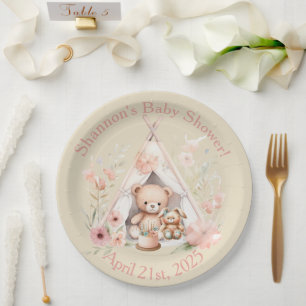 Teddy Bear and Bunny in Teepee Tent Baby Shower Paper Plate