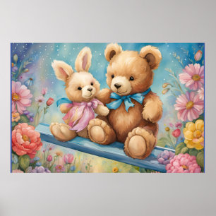 Teddy Bear and Bunny Sitting in garden Poster