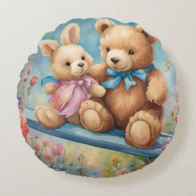 Teddy Bear and Bunny Sitting in garden Round Cushion (Front)