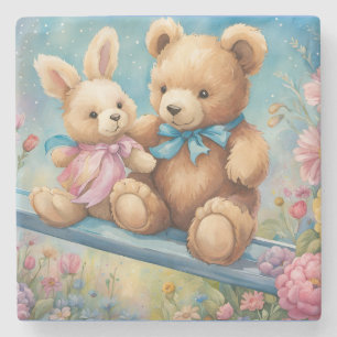 Teddy Bear and Bunny Sitting in garden Stone Coaster