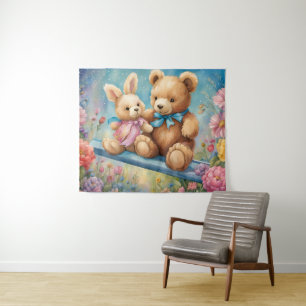 Teddy Bear and Bunny Sitting in garden Tapestry