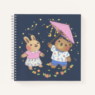 Teddy Bear and Bunny under the Stars Illustration Notebook