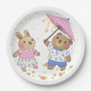 Teddy Bear and Bunny under the Stars Illustration Paper Plate