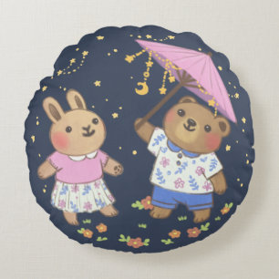 Teddy Bear and Bunny under the Stars Illustration Round Cushion